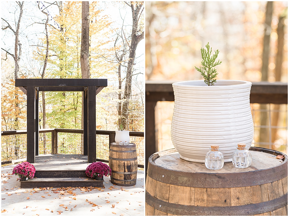 Tree watering ceremony details for fall wedding at 3 Fat Labs in Greencastle, Indiana
