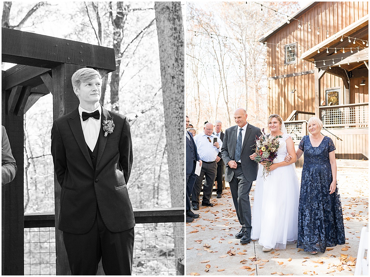 Grooms reaction to bride at fall wedding at 3 Fat Labs in Greencastle, Indiana