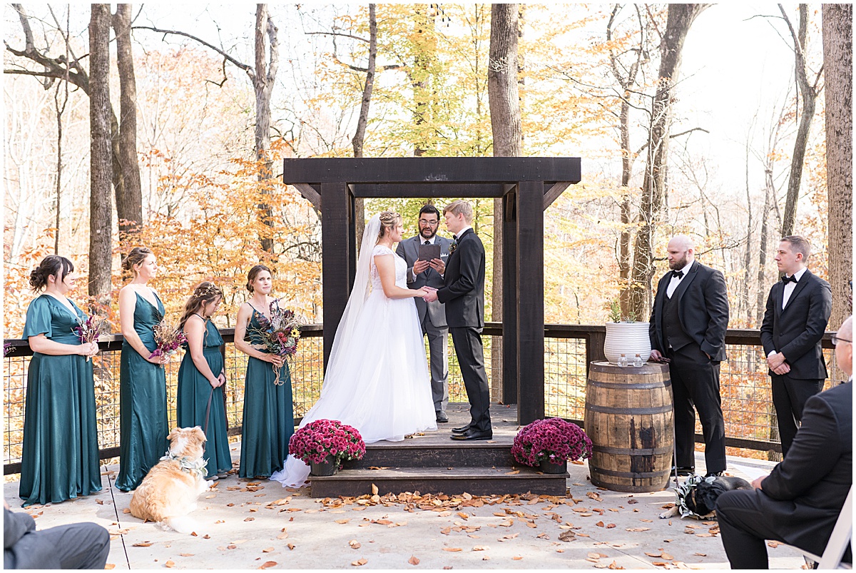 Wedding ceremony for fall wedding at 3 Fat Labs in Greencastle, Indiana