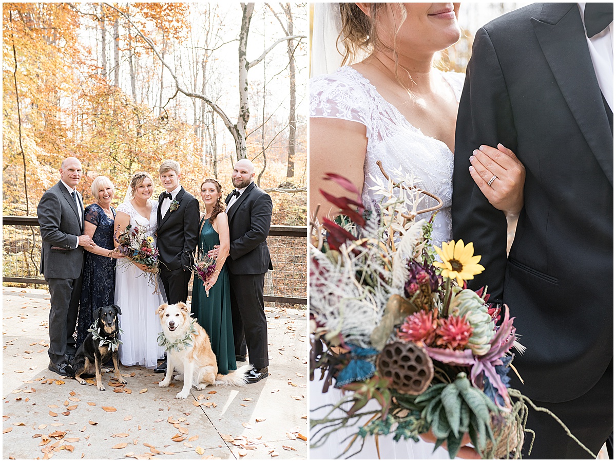 Family photos after fall wedding at 3 Fat Labs in Greencastle, Indiana