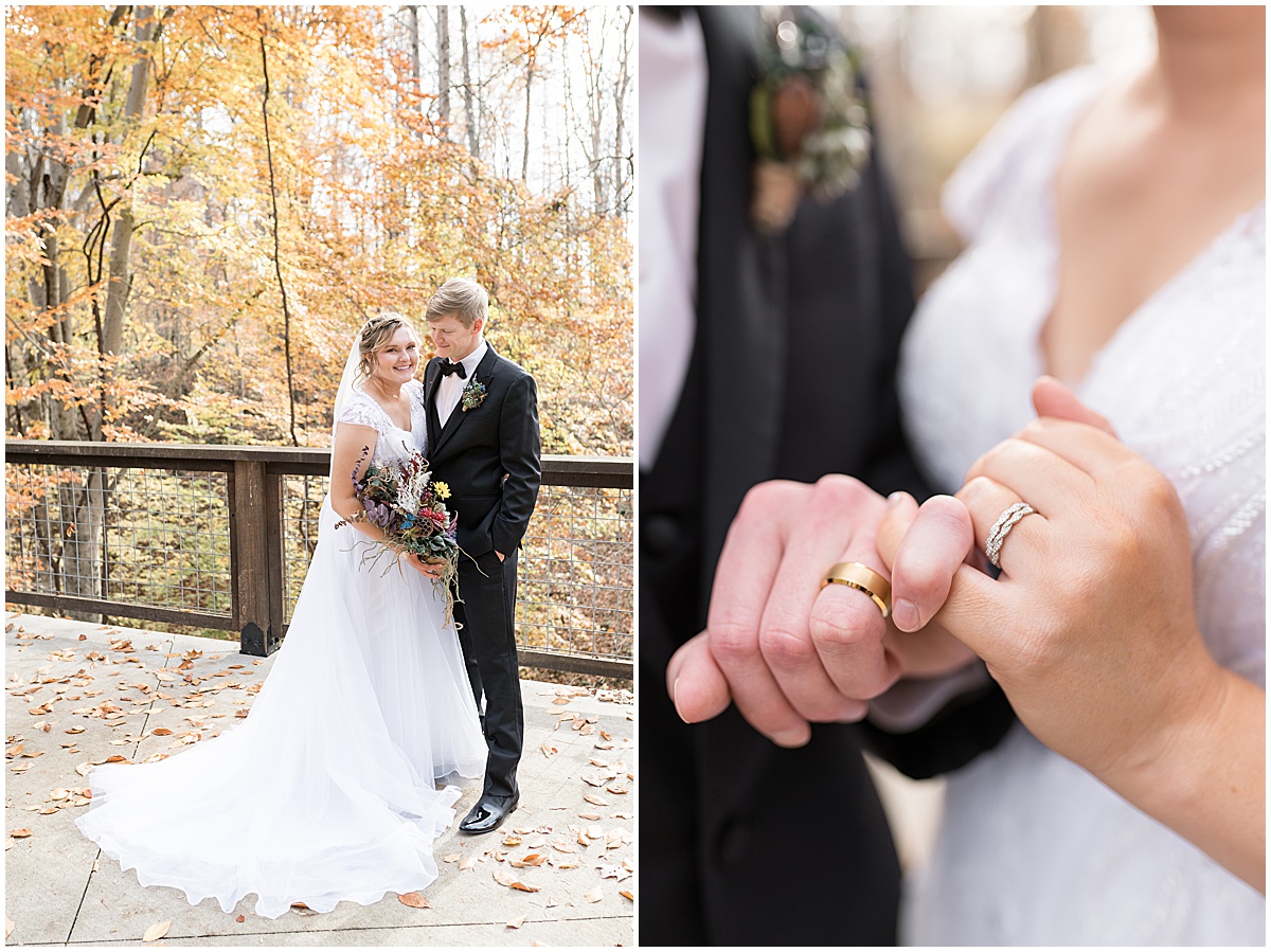 Couple doing pinky promise after fall wedding at 3 Fat Labs in Greencastle, Indiana