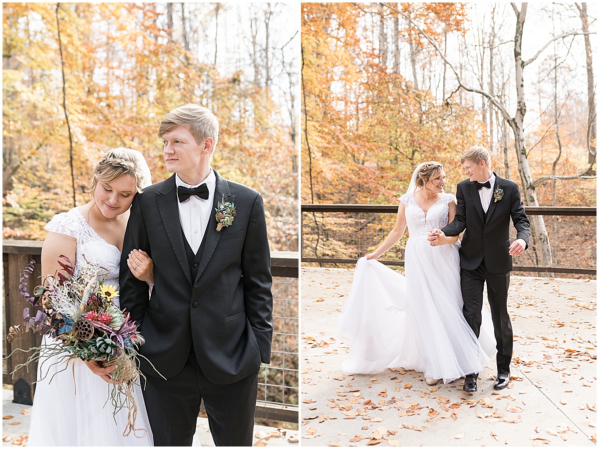 Bride and groom getting close after fall wedding at 3 Fat Labs in Greencastle, Indiana