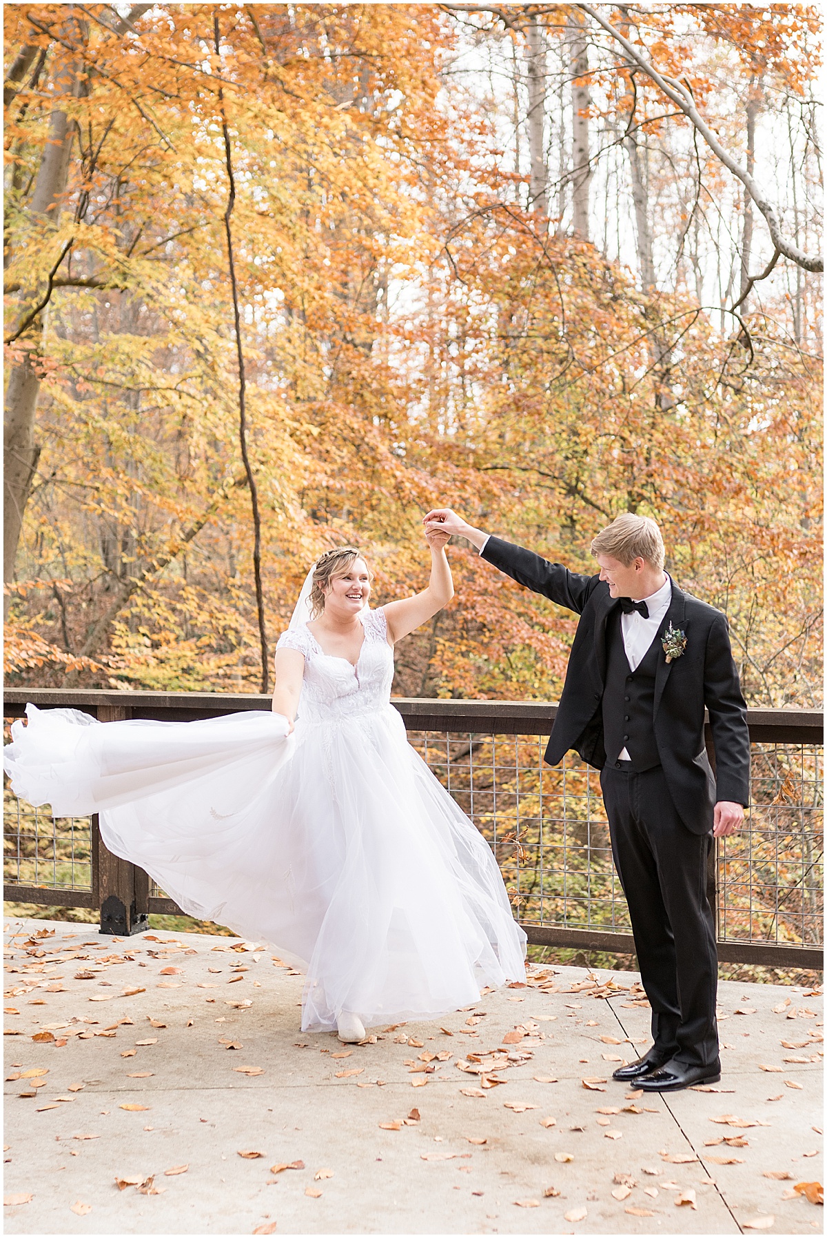 Couple dancing at fall wedding at 3 Fat Labs in Greencastle, Indiana