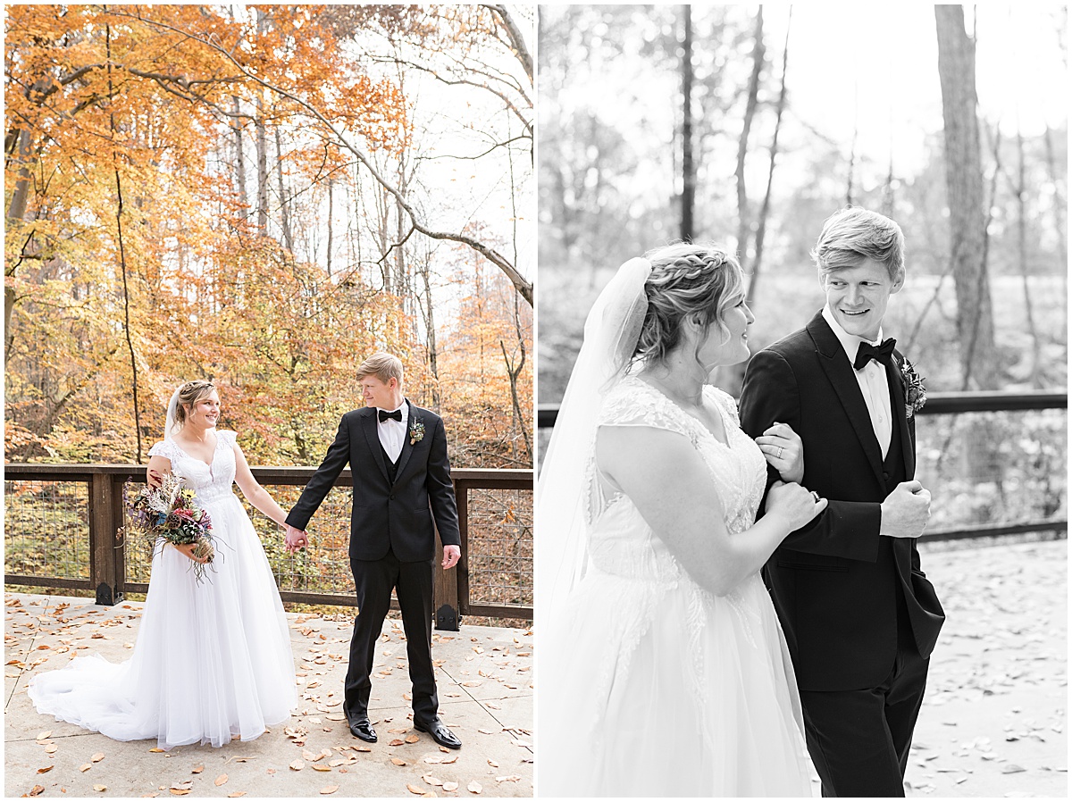 Bride and groom walking in leaves at fall wedding at 3 Fat Labs in Greencastle, Indiana