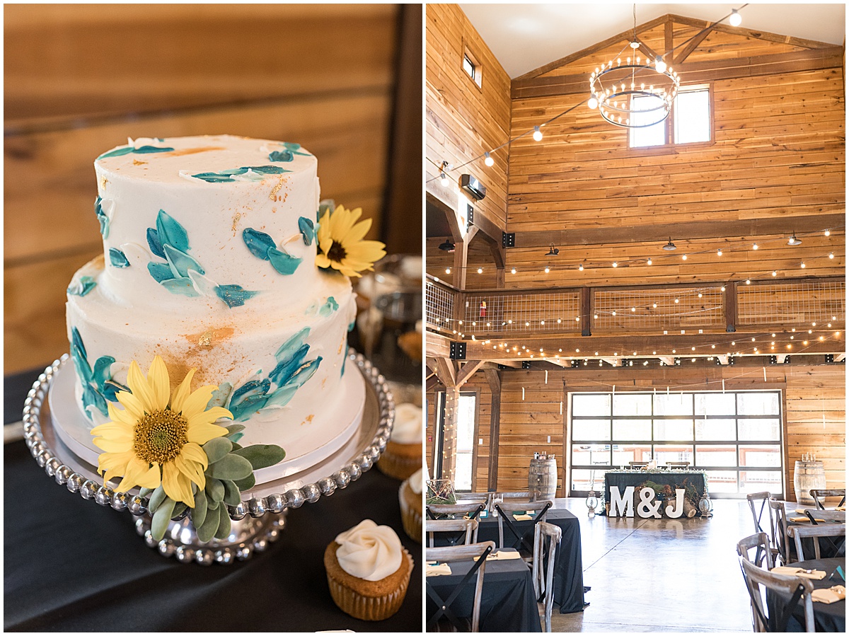Teal and gold wedding cake at fall wedding at 3 Fat Labs in Greencastle, Indiana