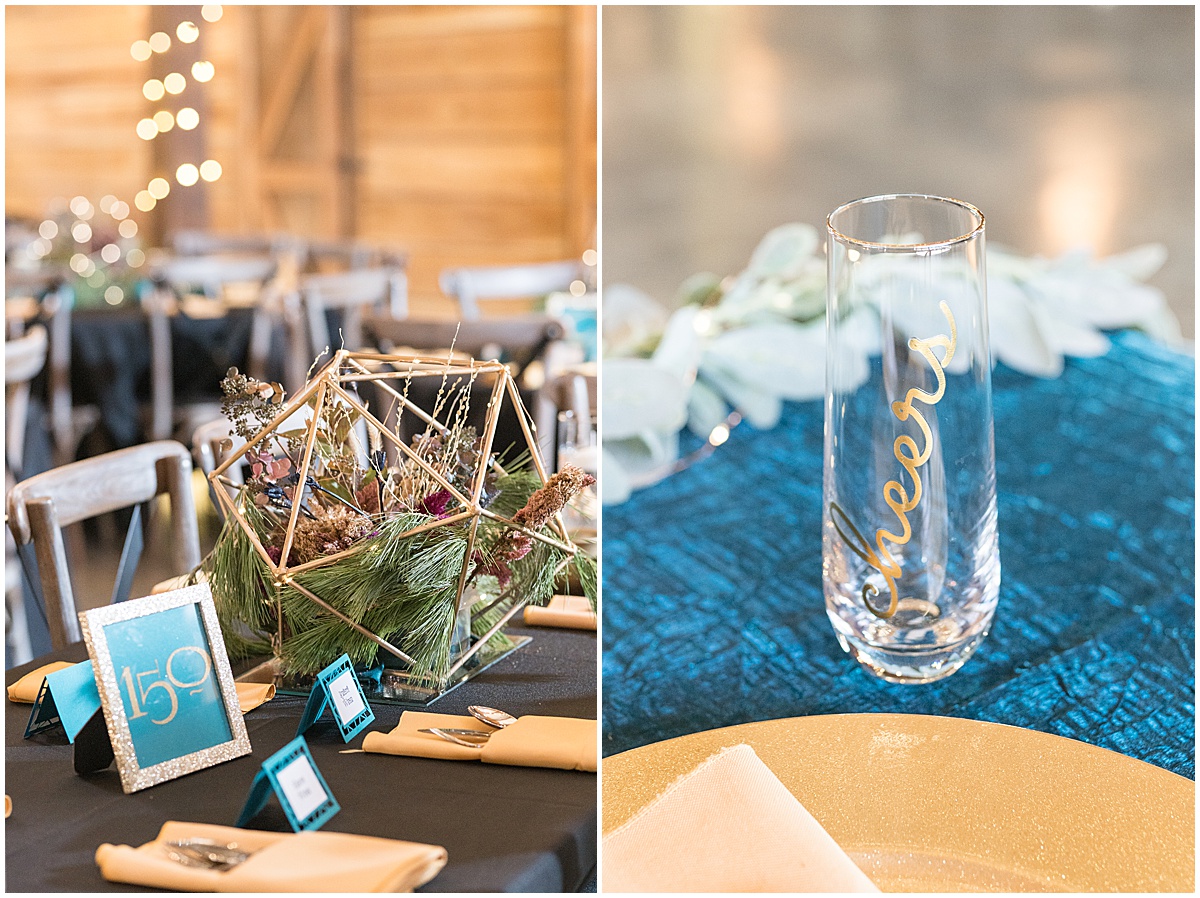 Table setting details for fall wedding at 3 Fat Labs in Greencastle, Indiana
