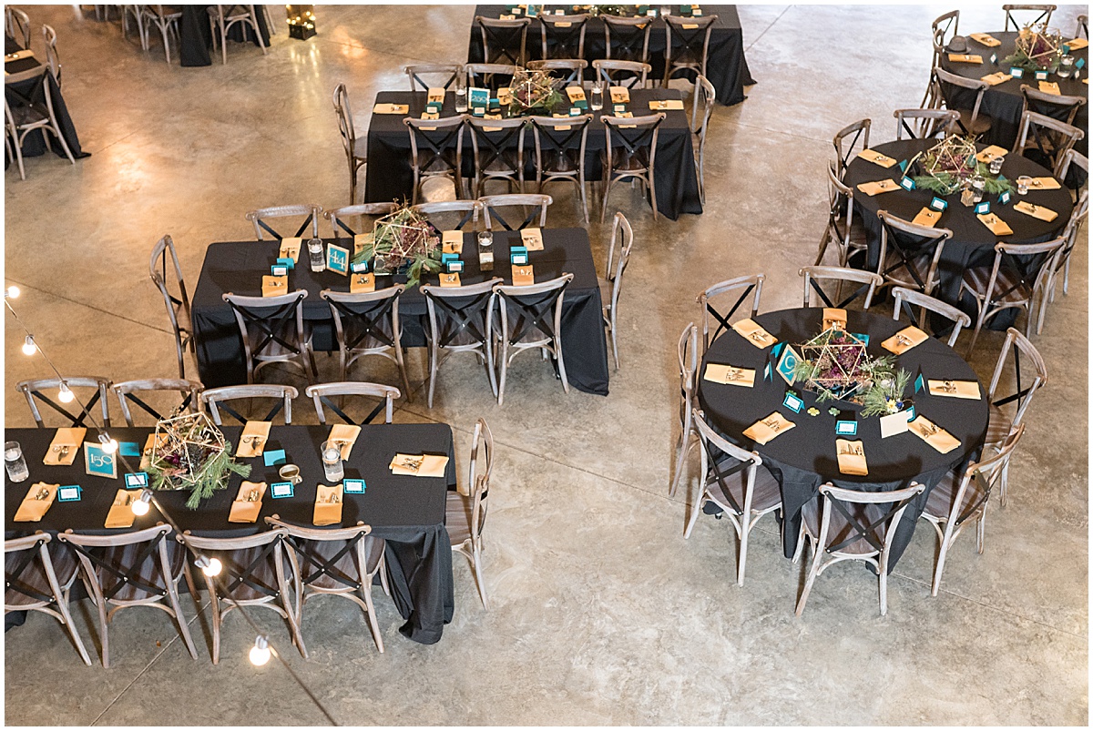 Reception tables for fall wedding at 3 Fat Labs in Greencastle, Indiana