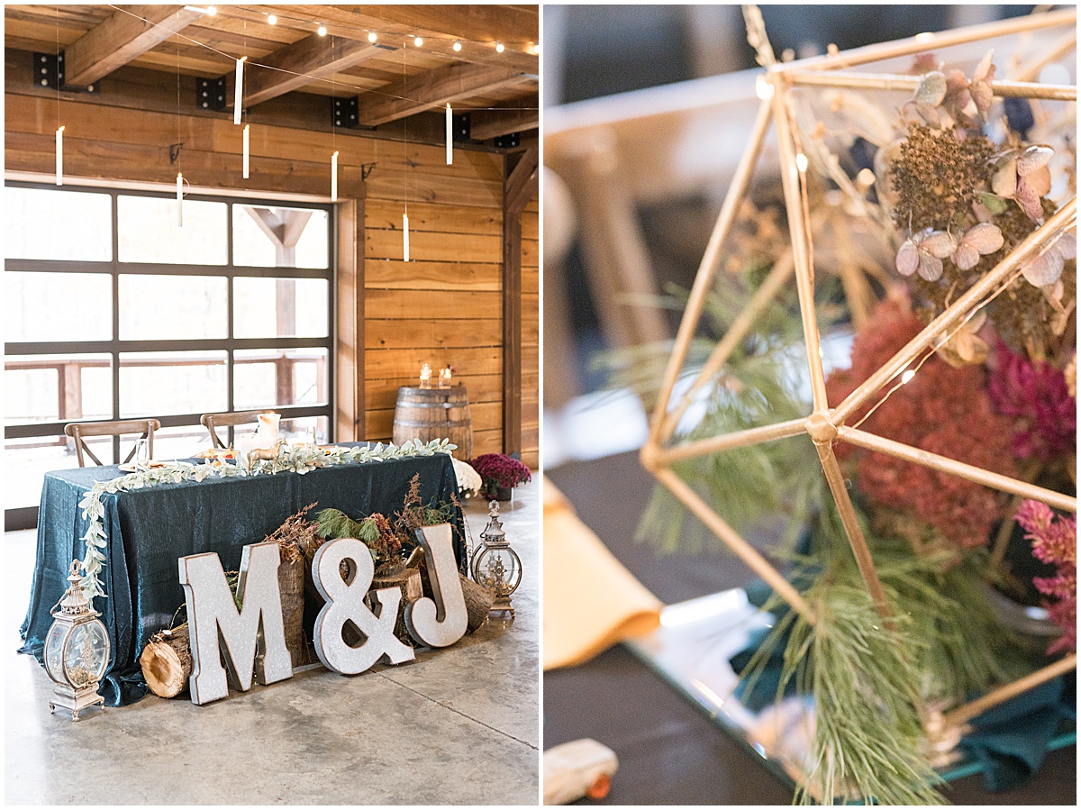 Reception details for fall wedding at 3 Fat Labs in Greencastle, Indiana