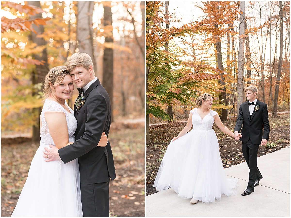 Bride and groom walk together after fall wedding at 3 Fat Labs in Greencastle, Indiana