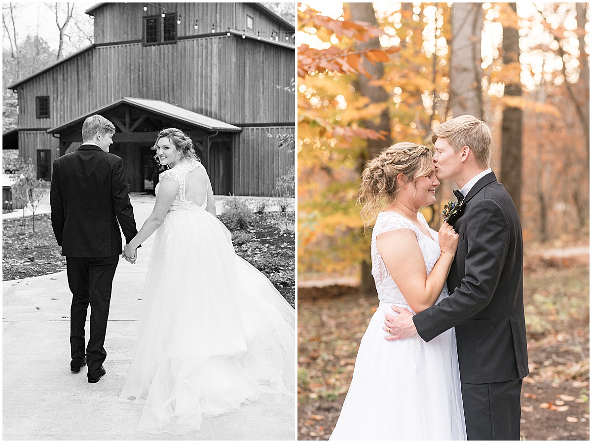 Bride and groom walk outside venue at fall wedding at 3 Fat Labs in Greencastle, Indiana