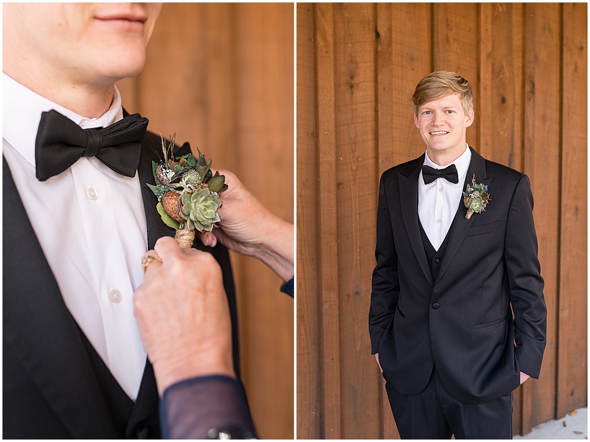 Groom portrait by wood wall before fall wedding at 3 Fat Labs in Greencastle, Indiana
