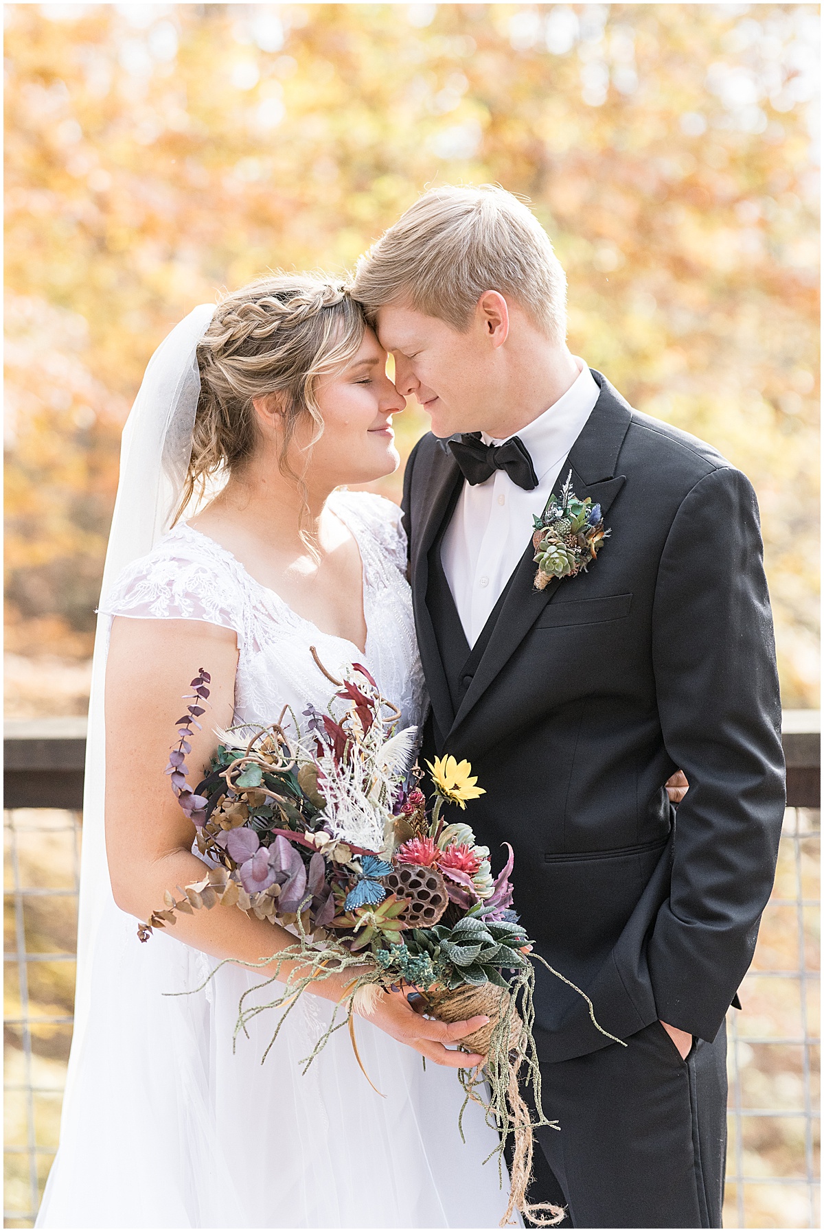 Bride and groom get close at fall wedding at 3 Fat Labs in Greencastle, Indiana