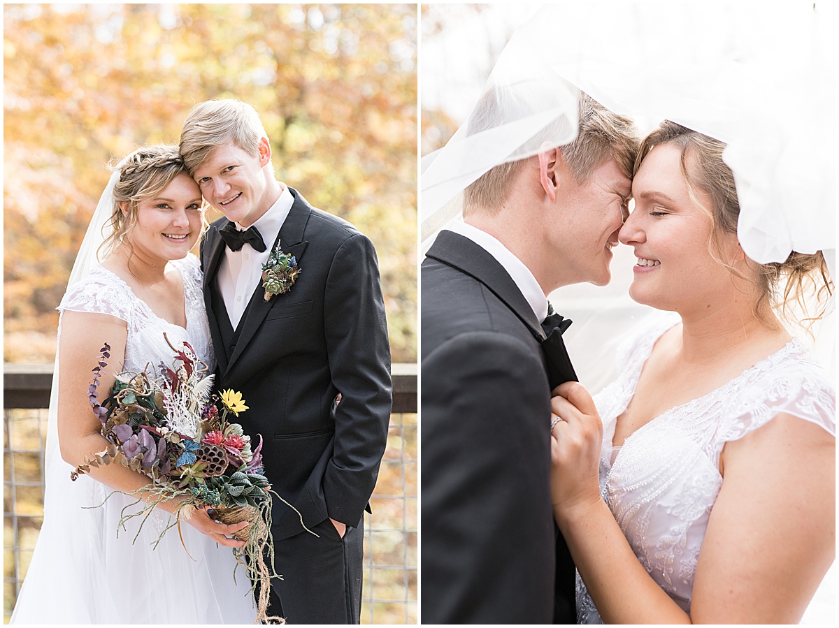Bride and groom get close at fall wedding at 3 Fat Labs in Greencastle, Indiana