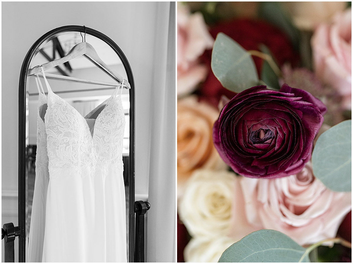 Dress and flower details for Iron & Ember events wedding in Carmel, Indiana