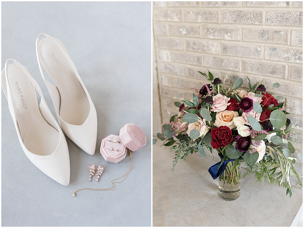 Shoes and bouquet for Iron & Ember events wedding in Carmel, Indiana