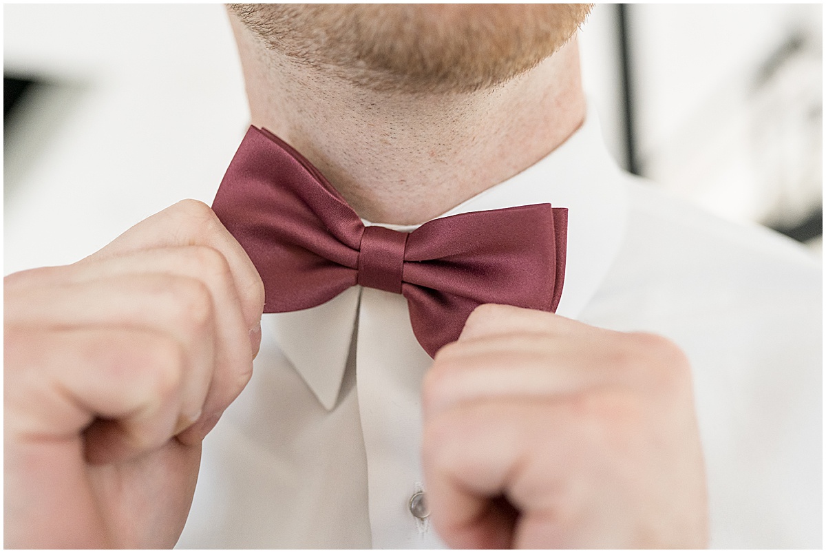 Close up of grooms bow tie at Iron & Ember events wedding in Carmel, Indiana