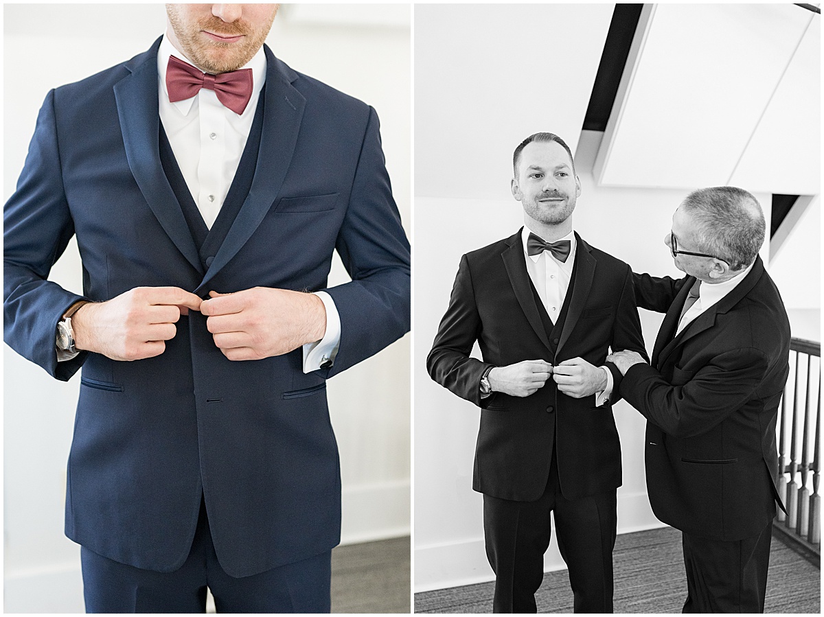 Groom putting on jacket for Iron & Ember events wedding in Carmel, Indiana