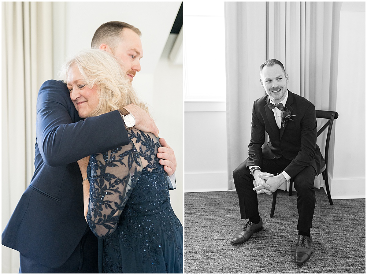 Groom hugs mother before Iron & Ember events wedding in Carmel, Indiana