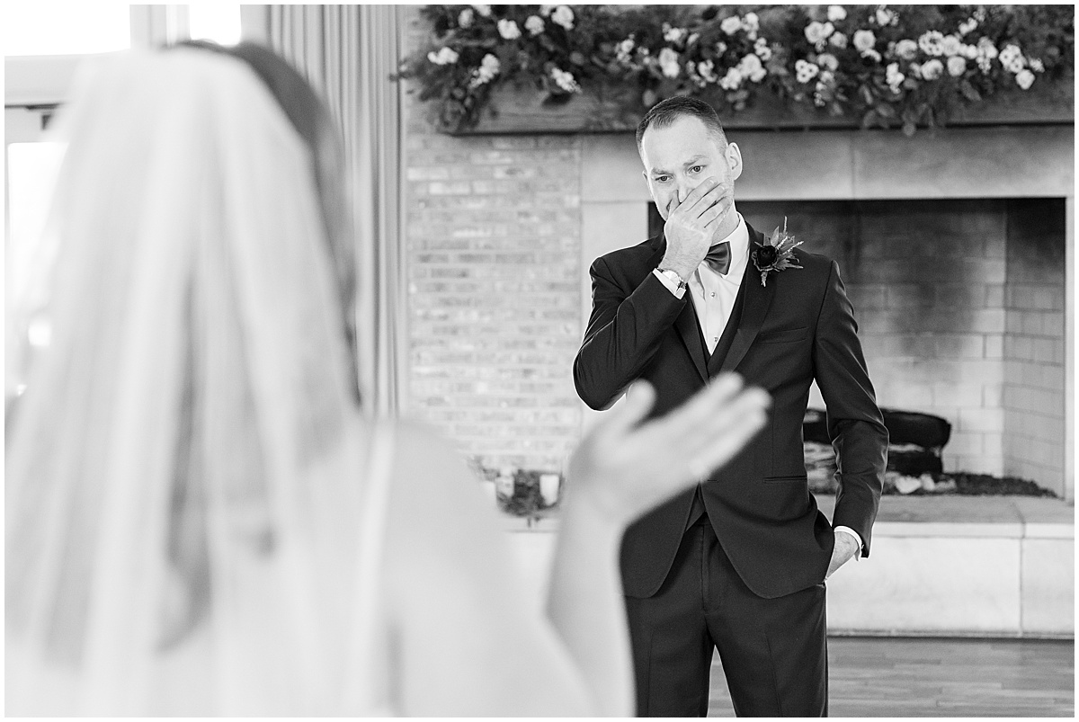 Grooms first look reaction to bride at Iron & Ember events wedding in Carmel, Indiana