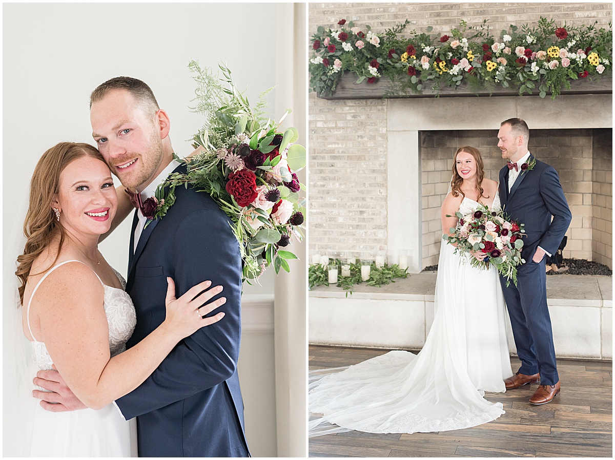 Bride and groom hug at Iron & Ember events wedding in Carmel, Indiana