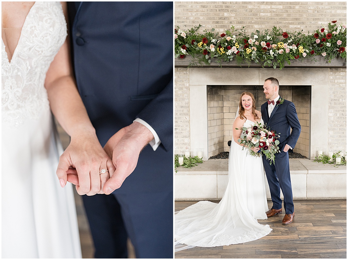 Close up of couple holding hands at Iron & Ember events wedding in Carmel, Indiana