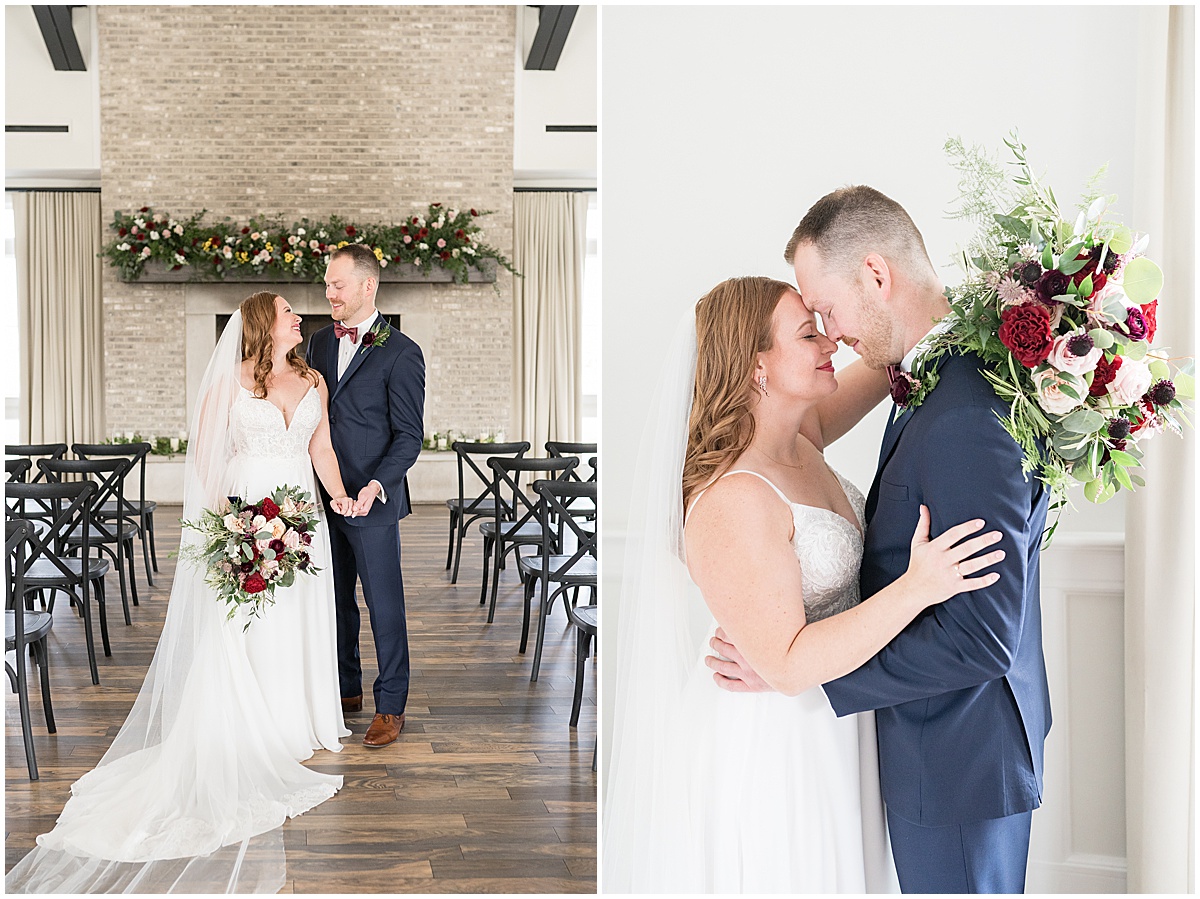 Bride and groom get close before Iron & Ember events wedding in Carmel, Indiana