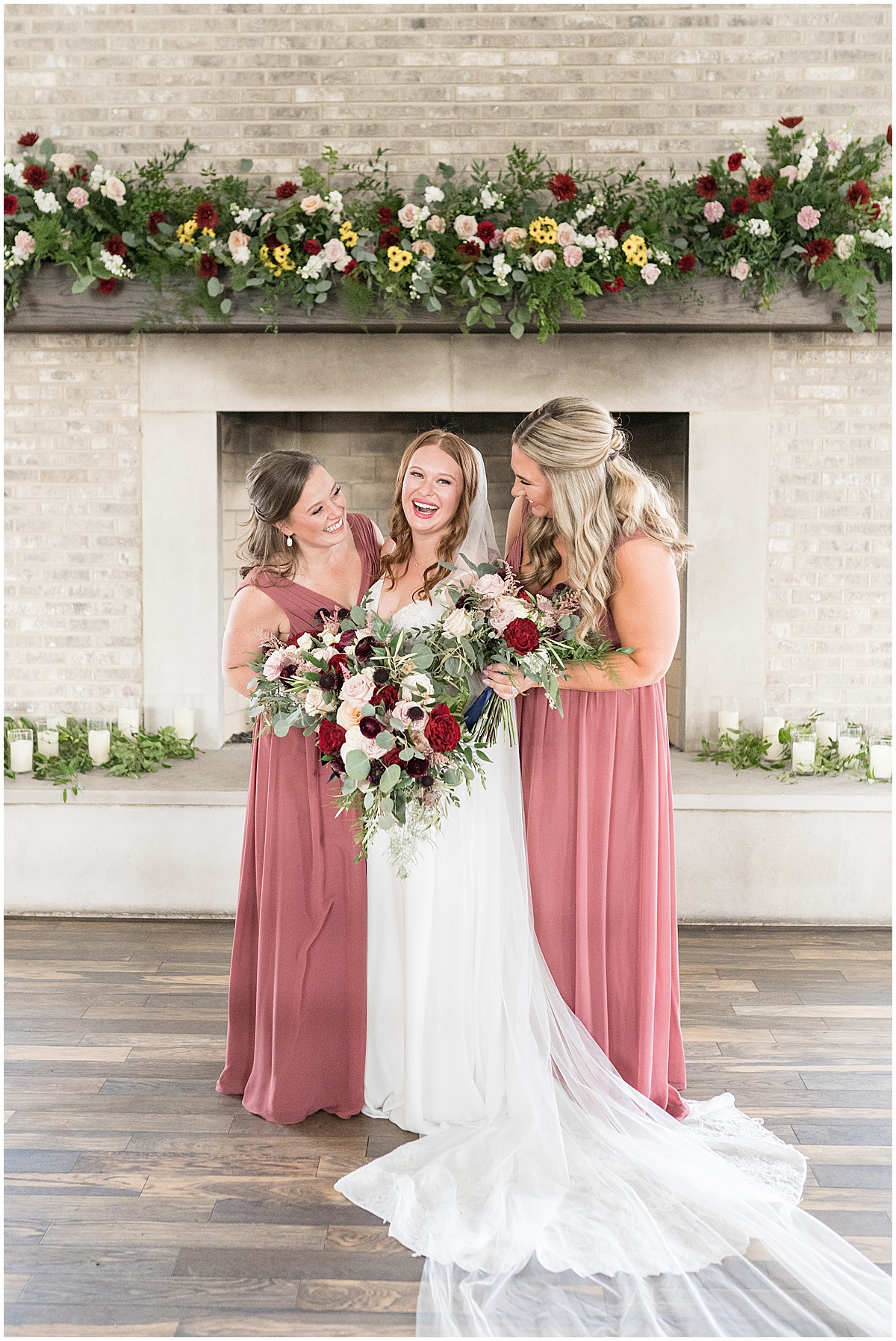 Bridesmaids laugh with bride at Iron & Ember events wedding in Carmel, Indiana