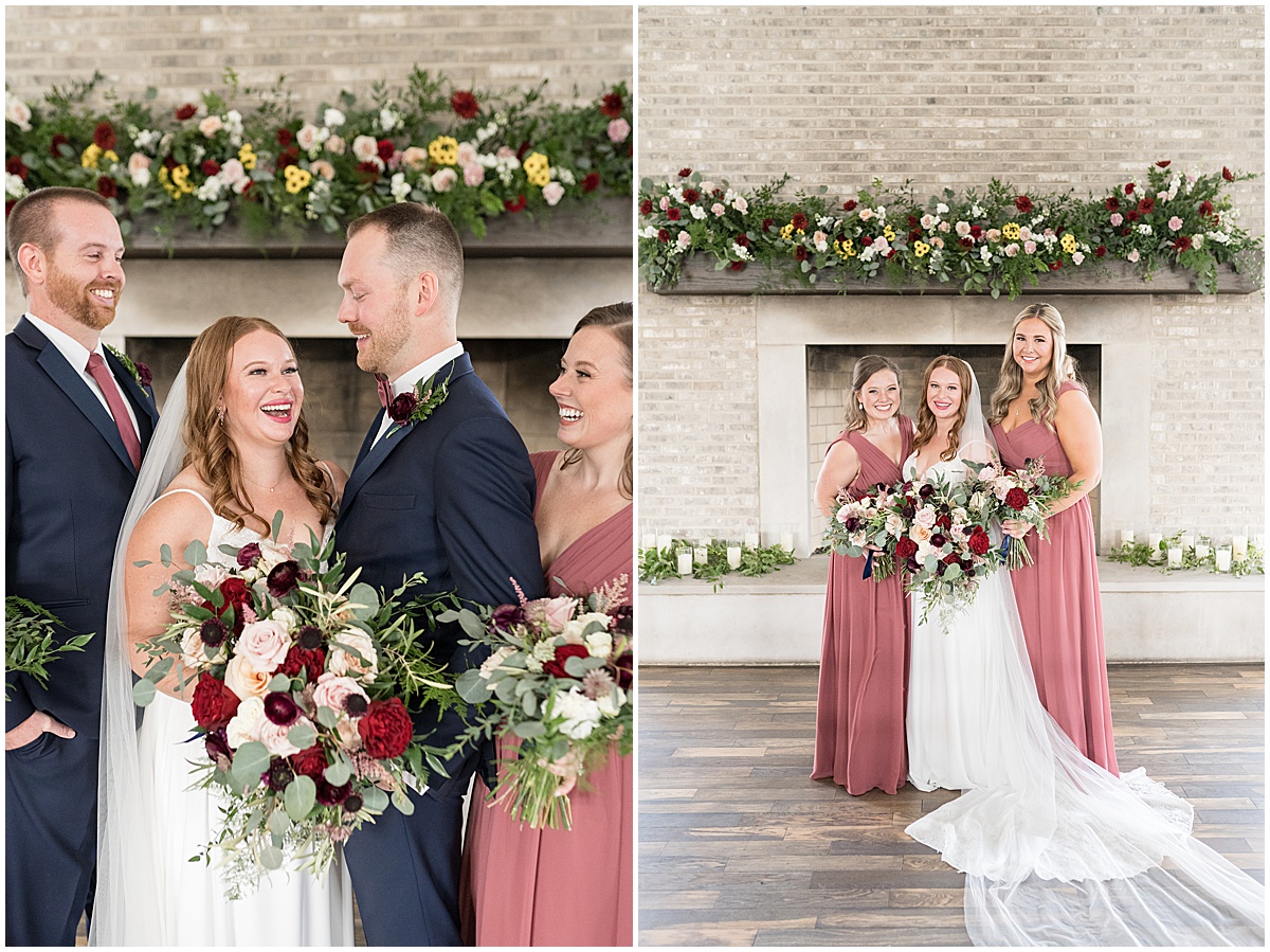 Bridal party in front of flower mantel at Iron & Ember events wedding in Carmel, Indiana