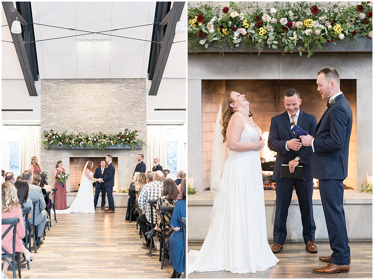 Bride laughs during vows at Iron & Ember events wedding in Carmel, Indiana