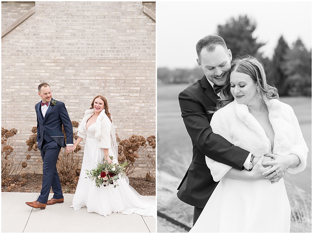 Bride and groom hold hands at Iron & Ember events wedding in Carmel, Indiana