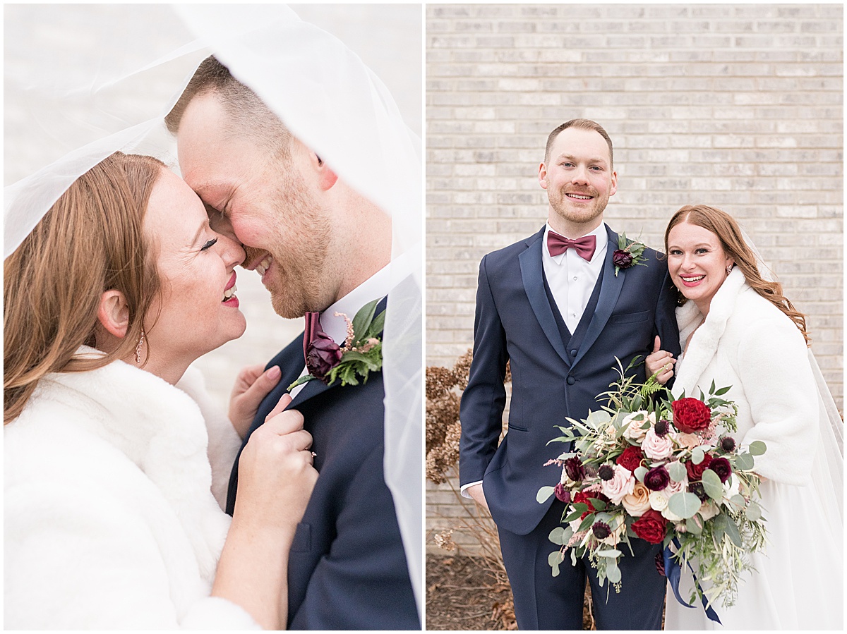 Bride and groom embrace at Iron & Ember events wedding in Carmel, Indiana