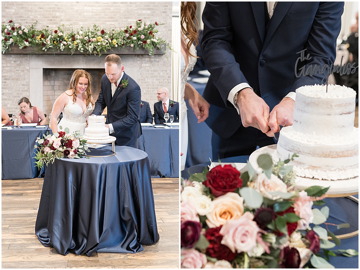 Bride and groom cut cake for Iron & Ember events wedding in Carmel, Indiana