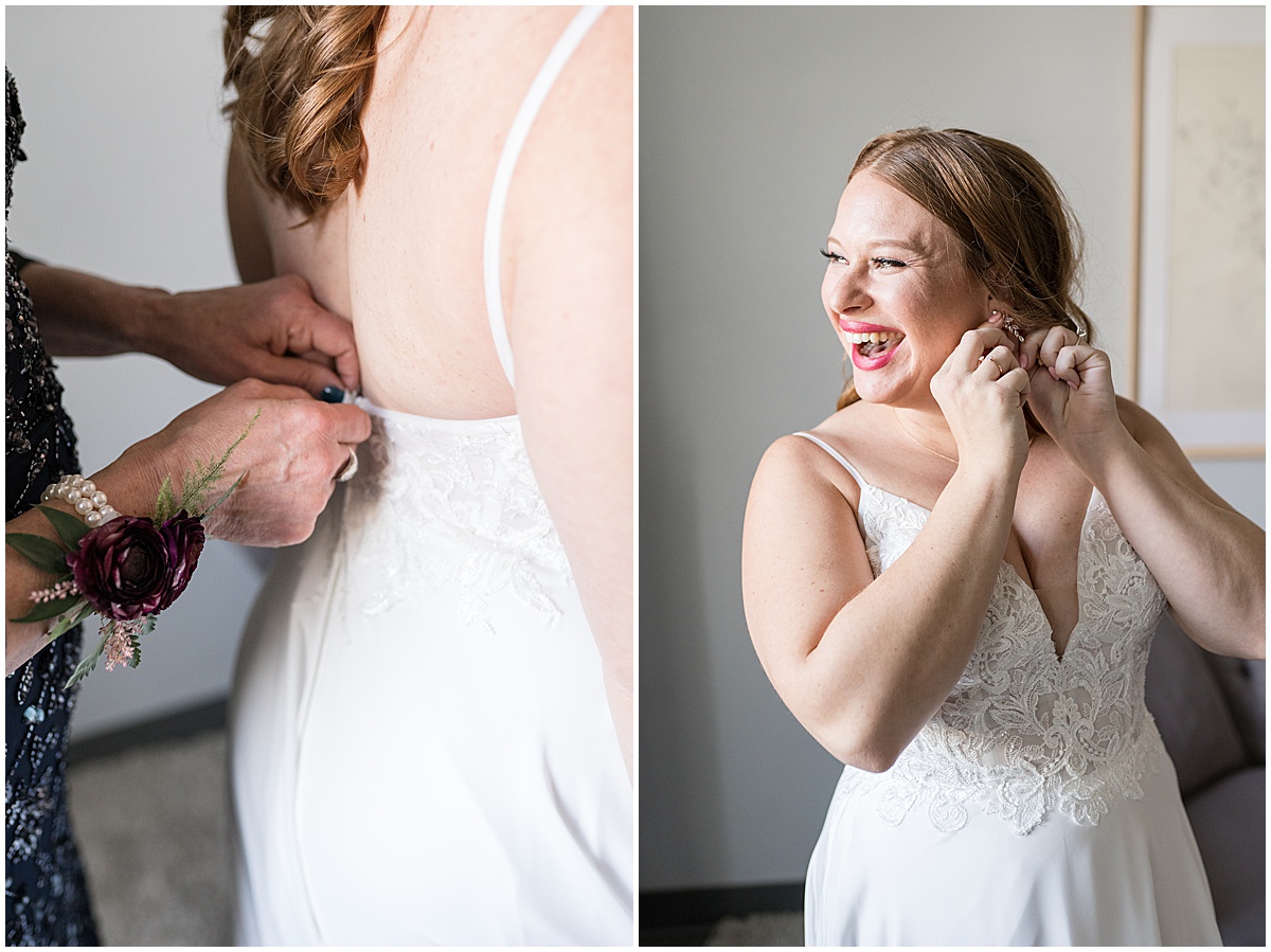 Bride putting on earrings for Iron & Ember events wedding in Carmel, Indiana
