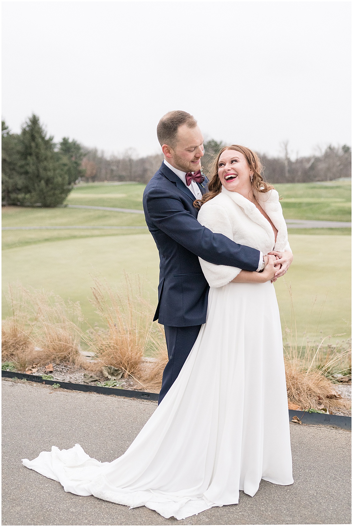 Bride and groom hug after Iron & Ember events wedding in Carmel, Indiana