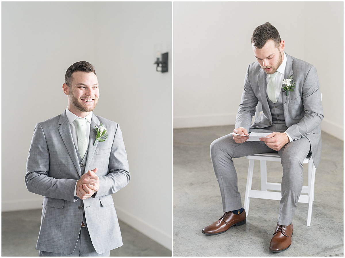 Groom reads note from bride before wedding at New Journey Farms
