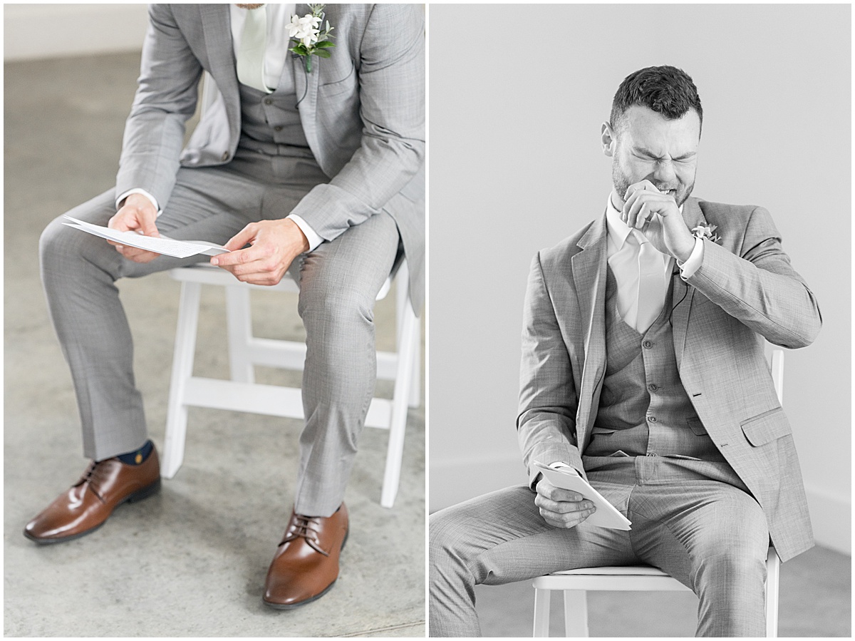 Groom cries reading note from bride before wedding at New Journey Farms
