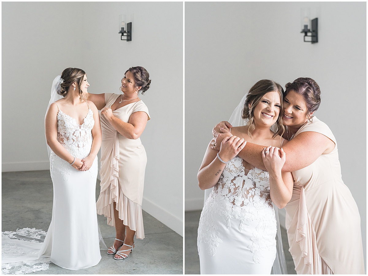 Mother hugs daughter before wedding at New Journey Farms