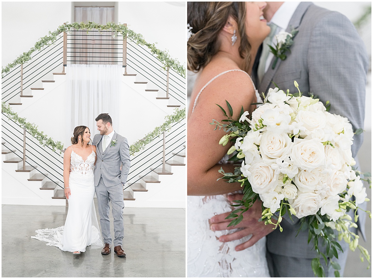 Bride and groom walk in front of staircase before wedding at New Journey Farms