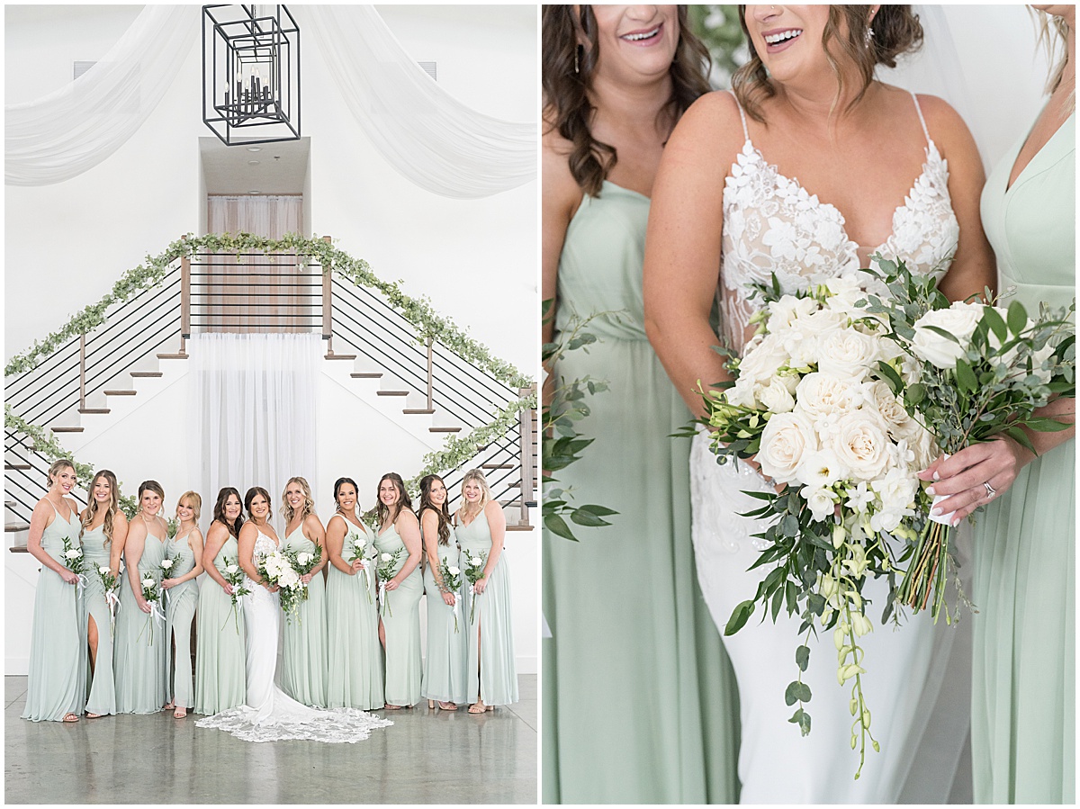 Bride and bridesmaids in green dresses for wedding at New Journey Farms