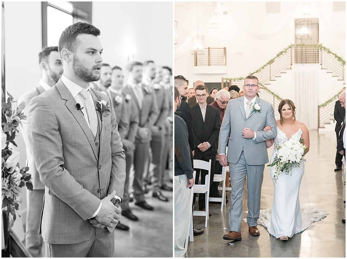 Grooms reaction to bride walking down the aisle at wedding at New Journey Farms
