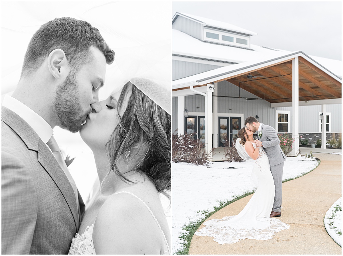 Bride and groom kiss in front of venue at wedding at New Journey Farms