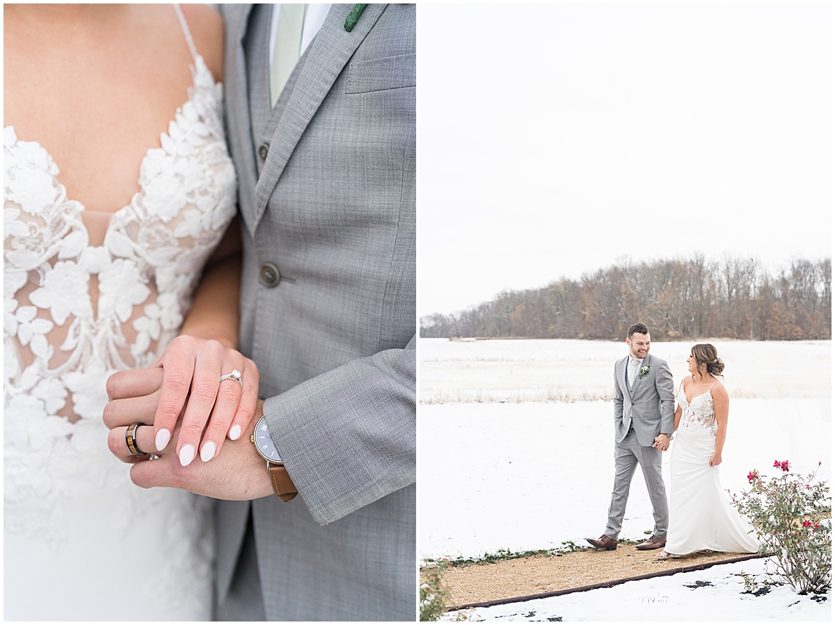 Bride and groom hold hands after snowy wedding at New Journey Farms