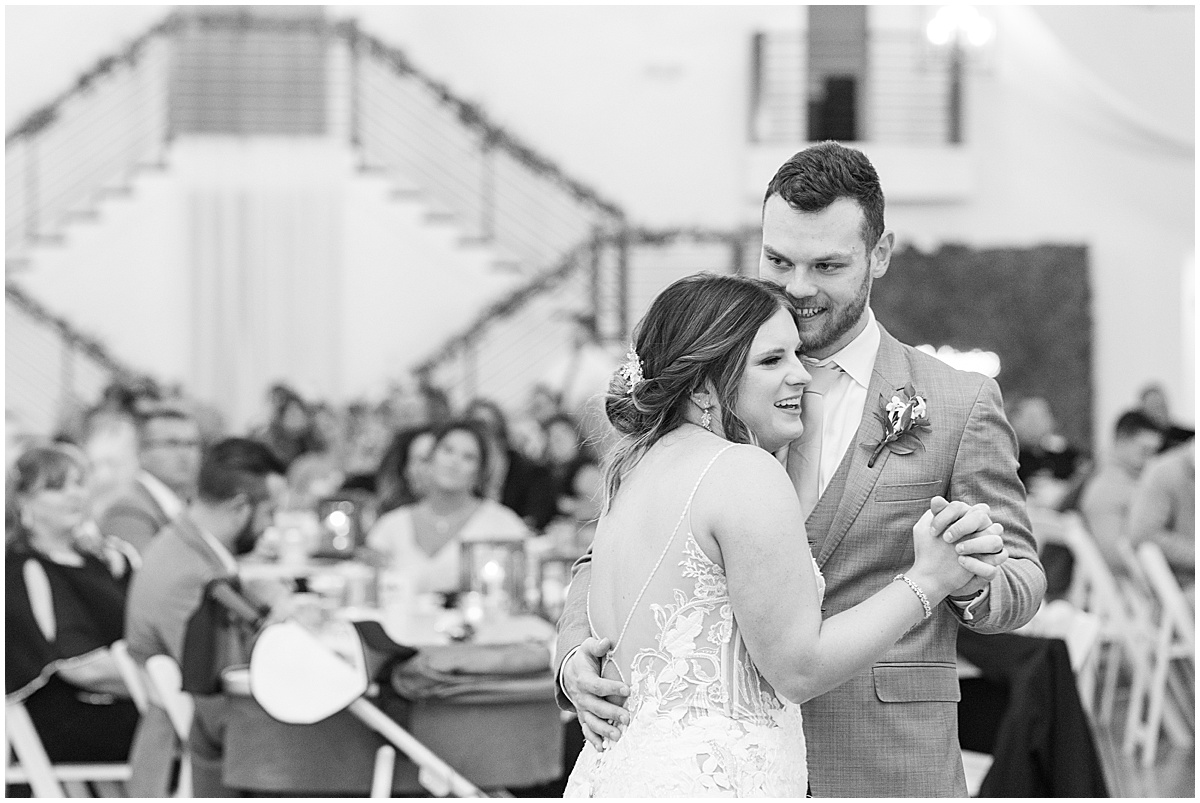 Bride and groom dance during wedding at New Journey Farms