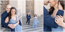 Couple walk down steps at Indiana War Memorial during Downtown Engagement Photos