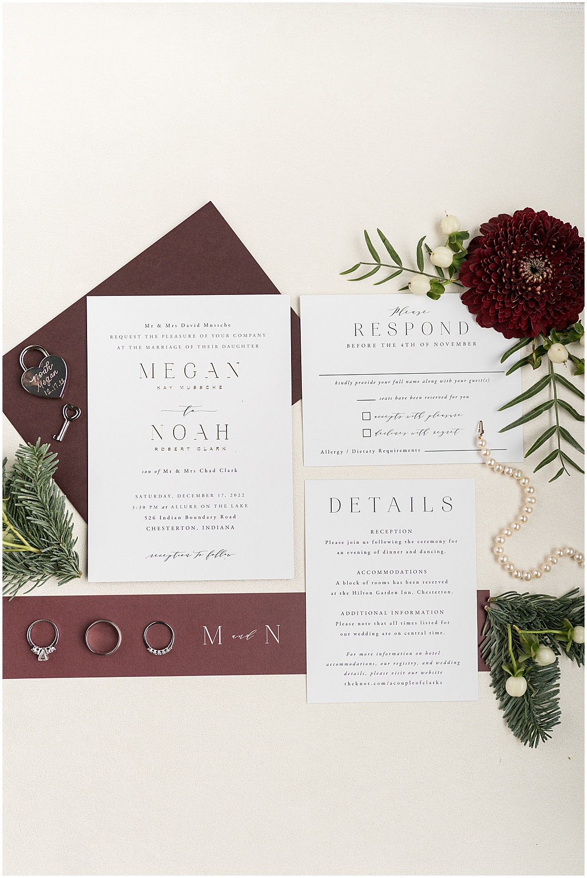 Invitation flat lay for Allure on the Lake wedding in Chesterton, Indiana