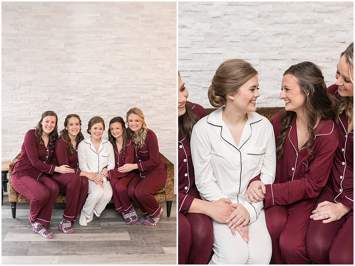 Bride with bridesmaids in matching robes before Allure on the Lake wedding in Chesterton, Indiana