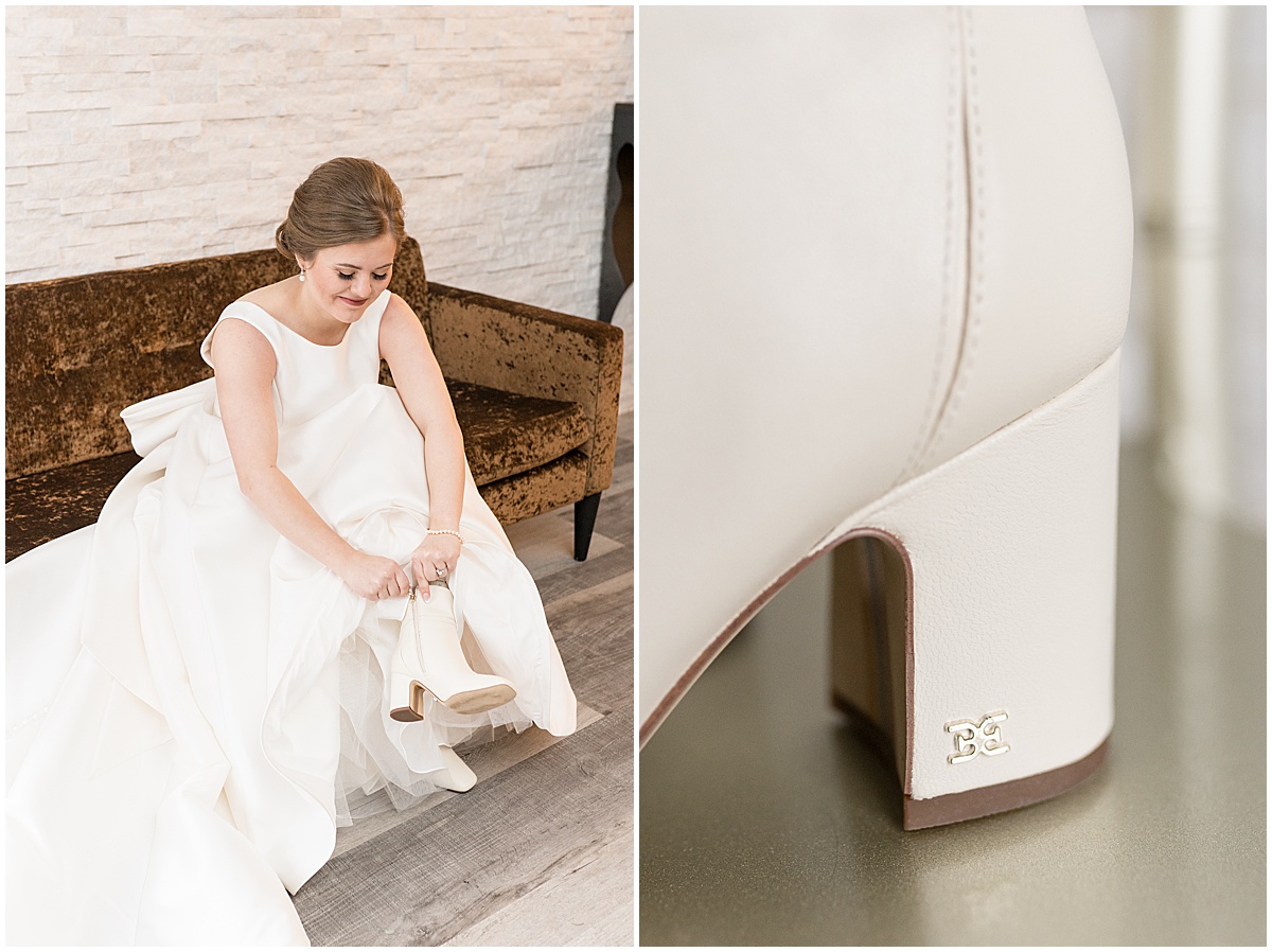 Bride putting on boots for Allure on the Lake wedding in Chesterton, Indiana