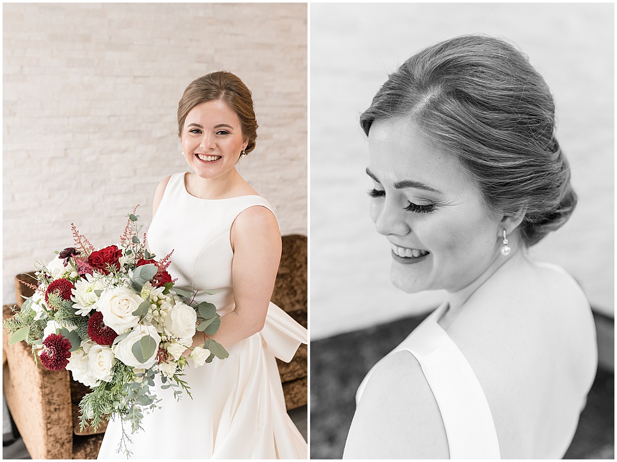 Detail of bride's hair and bouquet for Allure on the Lake wedding in Chesterton, Indiana