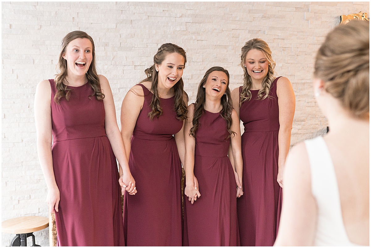 Bridesmaids reaction to bride before Allure on the Lake wedding in Chesterton, Indiana