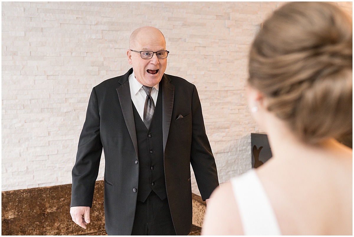 Father's reaction to bride before Allure on the Lake wedding in Chesterton, Indiana
